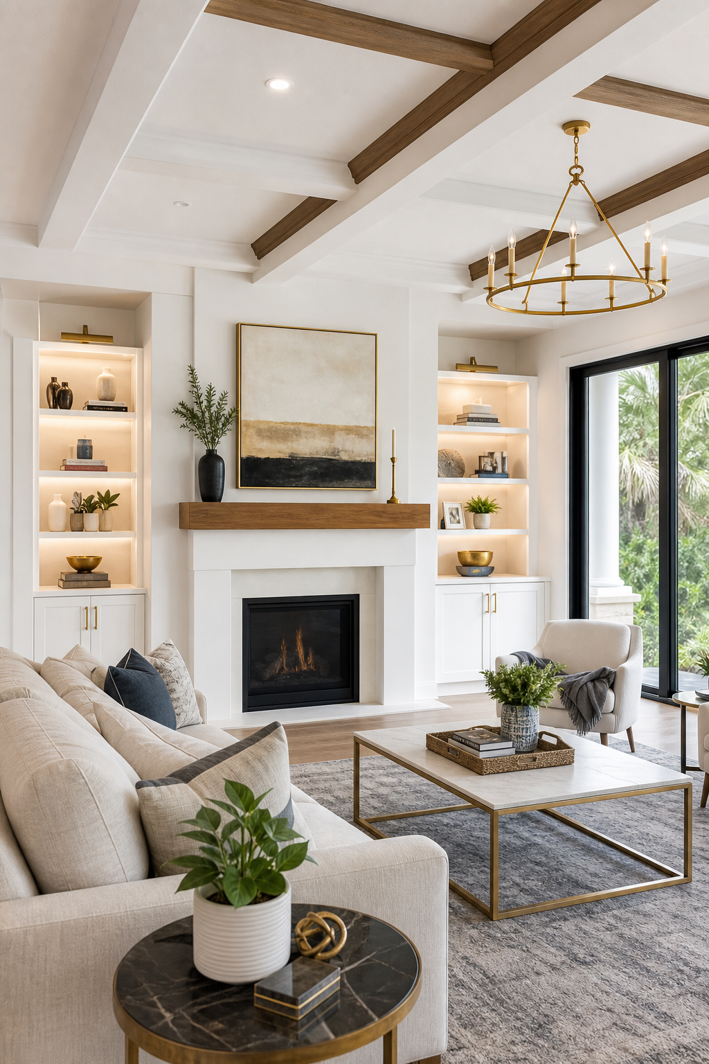 Custom fireplace wall remodel with bright paneling and wood mantle